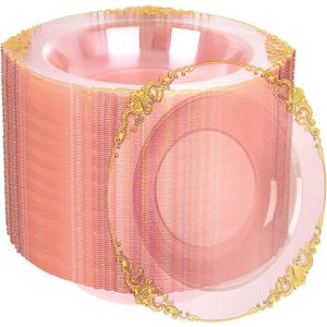 100PCS Clear Pink Plastic Bowls - 12 oz Pink Gold Disposable Salad Bowls - Heavy Duty Disposable Soup Bowl - Fancy Plastic Ice Cream Bowl for Weddings Parties Dinners Picnics