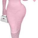 Women Sexy Long Sleeve Bodycon Midi Dresses See Through Lace Dress 2 Piece Dress Set Birthday Date Night Outfit (Large, Pink)