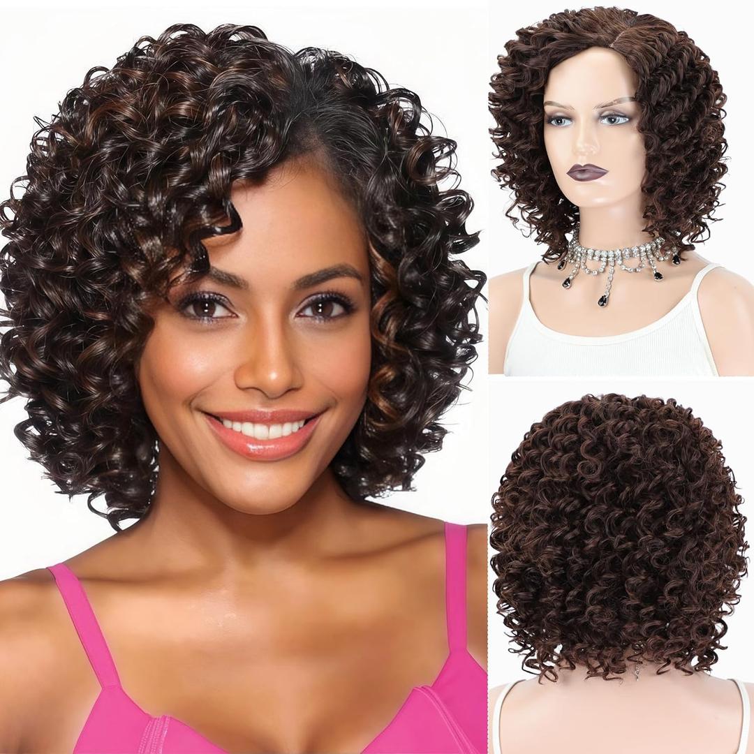 XIUFAXIRUSI XIUFAXIRUSI Curly Afro Wigs for Black Women Short Synthetic Mixed Brown Curly Wig Natural Soft Heat Resistant Glueless African American Afro Loose Curls wigs