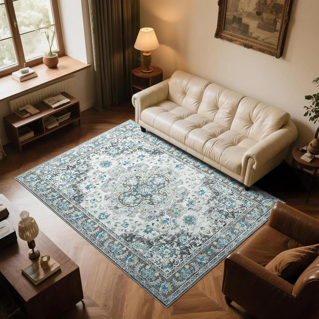 4x6 Area Rug for Living Room, Machine Washable Rugs with Non-Slip Backing for Bedroom, Vintage Throw Rugs Low Pile Carpet for Dining Room Kitchen Office Home Decor, Grey