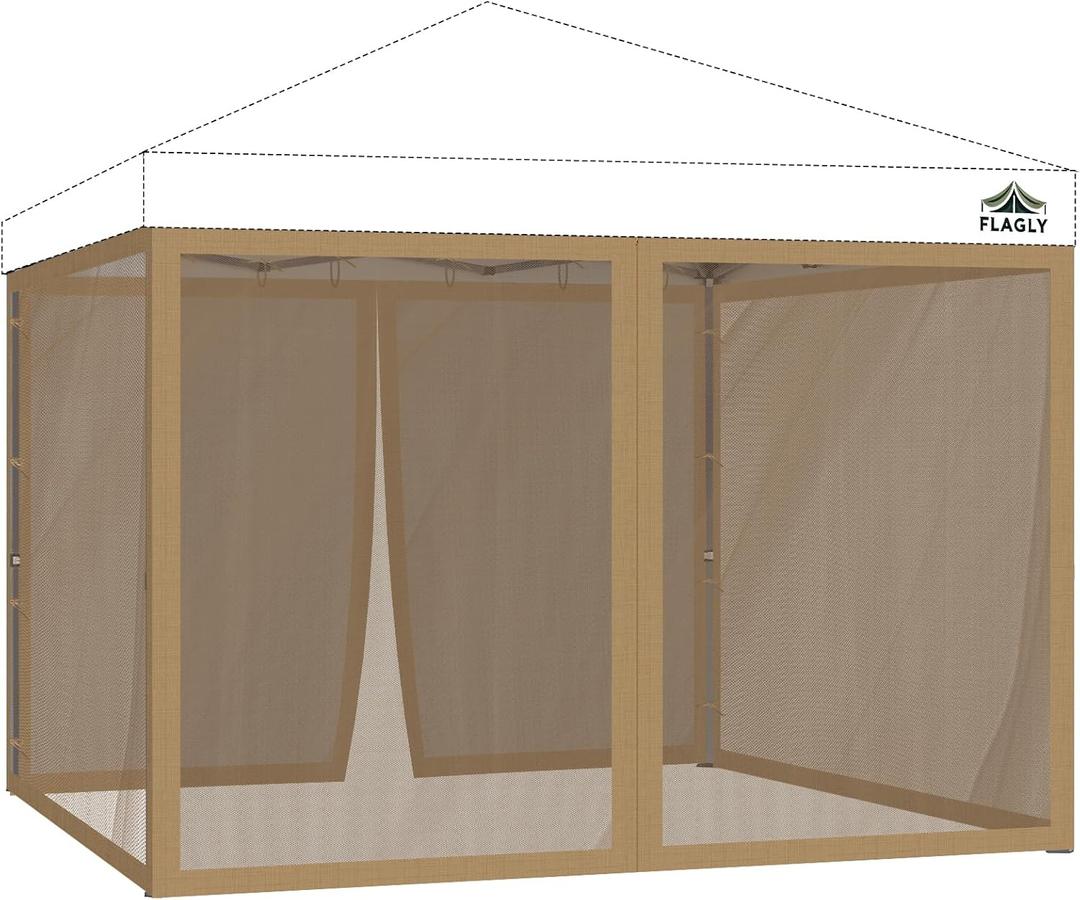 10x10 ft Mosquito Netting for Pop Up Canopy, Universal Bug Screen Tent Enclosure, Outdoor Canopy Mesh Net with Zipper Doors for Camping, Patio, Backyard (Netting Only, Khaki)