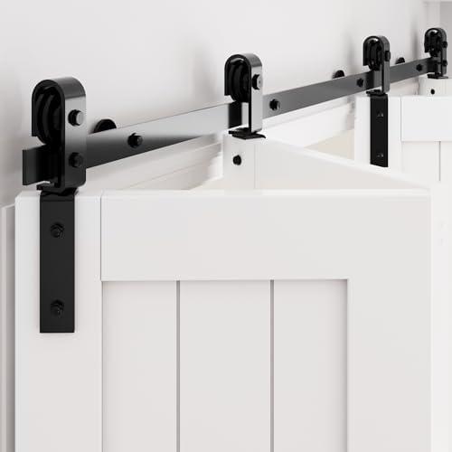 WINSOON 60" Bifold Barn Door Hardware: Smooth Quietly Bi-fold Sliding Door Hardware for 56" Closet Doors - Black Folding Track Kit Easy to Install - Bi Fold Barn Door Hardware Kit
