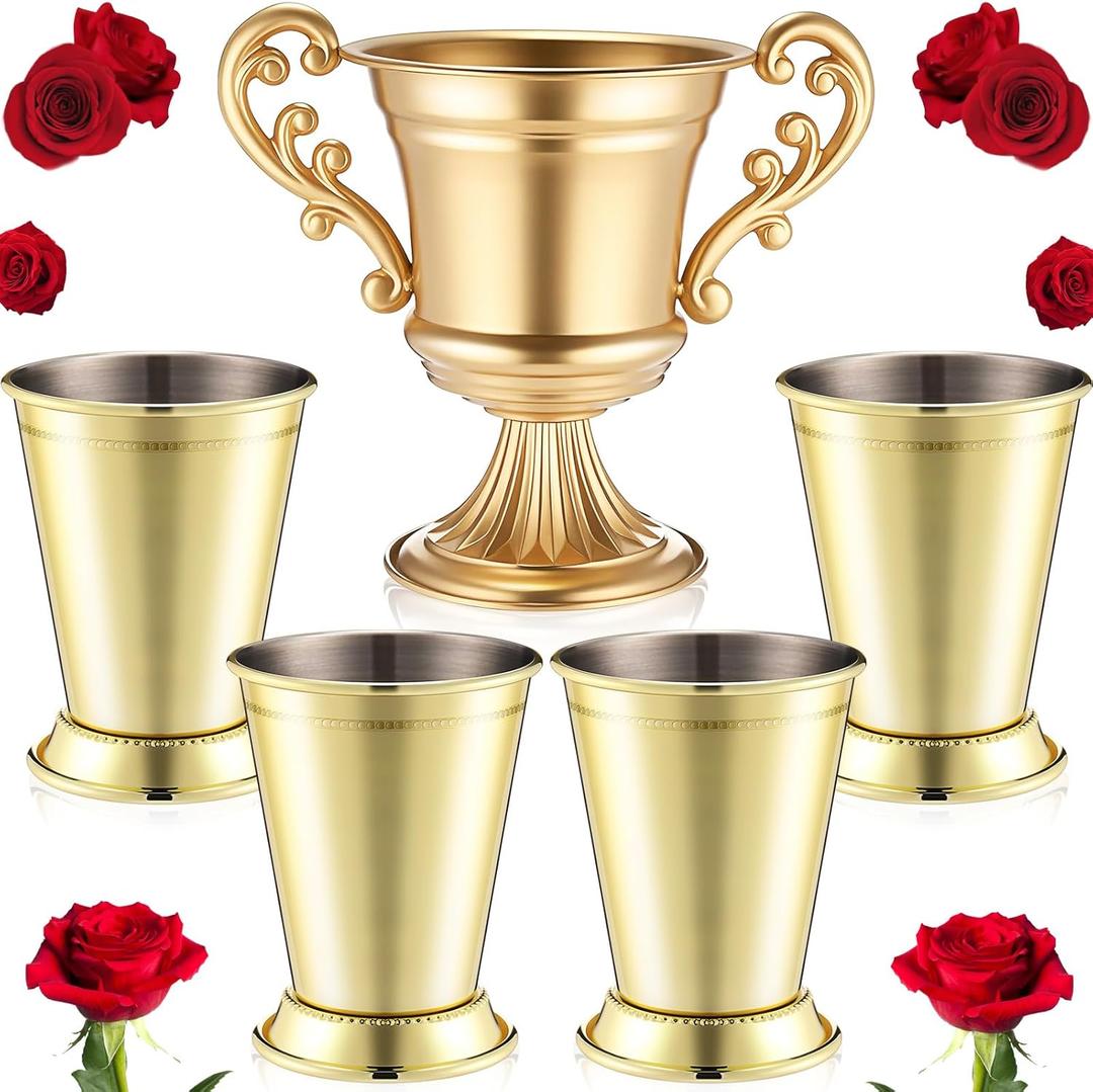 HunnmingRe 4 Pcs Horse Racing Derby Party Mint Julep Cups with 1 Trophy Flower Urn, Stainless Steel Glasses 12 oz Metal Cocktail Glasses with Compote Vase for Centerpieces for Home Bar(Gold)
