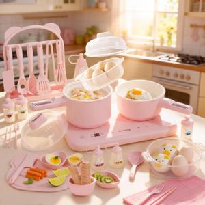 Real Cooking Set with 110V Dual Burner, Mini Kitchen Set (Pink) | Operate Each Burner Separately or Together to Steam, Boil and Heat Two Dishes at Once