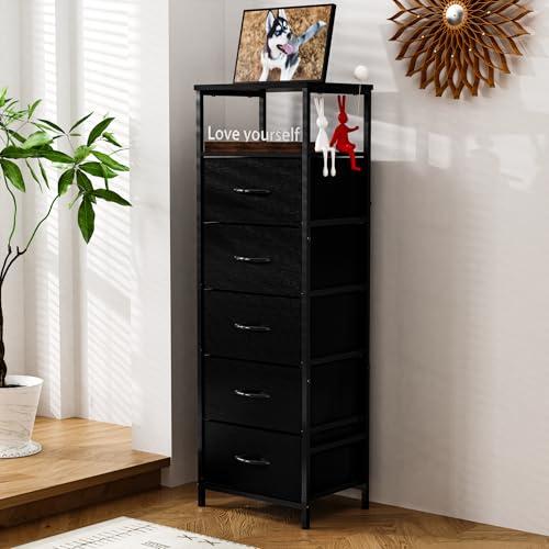 galasily 6-Tier Tall Dressers for Bedroom, White Small Storage Tower for Closet, Fabric 5 Drawers Chest, Organizer Dresser with Sturdy Steel Frame (Black)