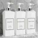 Shampoo and Conditioner Dispenser - Modern Design Large 27oz Shower Soap Dispenser Set of 3, Refillable Empty Plastic Pump Bottles for Bathroom, 6 Waterproof Labels Included, White & Silver