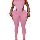 Pink Sexy 2 Piece Sets for Women Sleeveless Hollow Out Bodysuit Top Bodycon Ruched Leggings Set Jumpsuit Club Outfits (Pink, L)