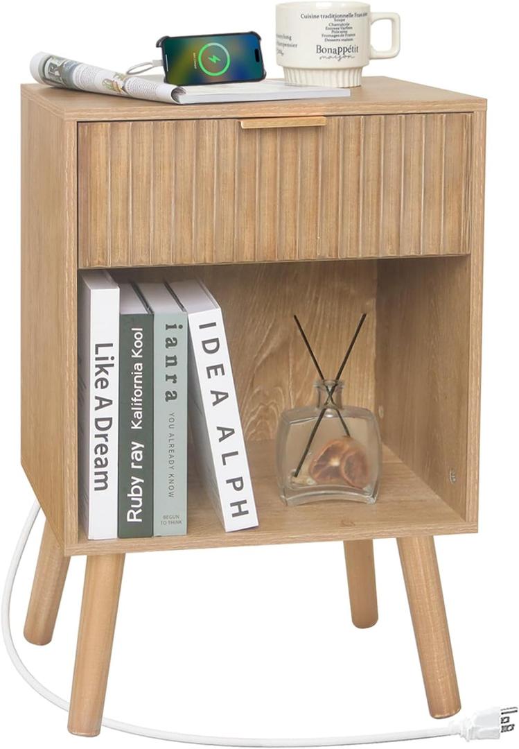 Fultyle Wood Nightstand with Charging Station, Bedside Table with Fluted Drawers and Outlet, Boho Night Stand for Bedroom, Living Room, Office (Rustic Walnut), 11.8 inches x 15.7 inches x 24.4 inches