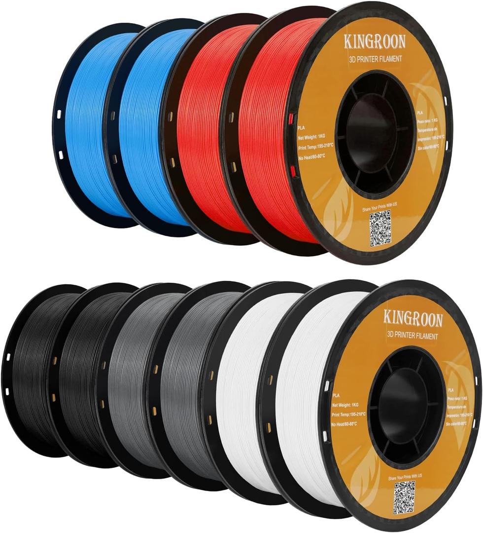 Kingroon PLA 3D Printer Filament, 10 Rolls, Dimensional Accuracy +/- 0.02 mm, 10kg Spool(22lbs), 1.75 mm2Black+2White+2Grey+2Red+2Blue