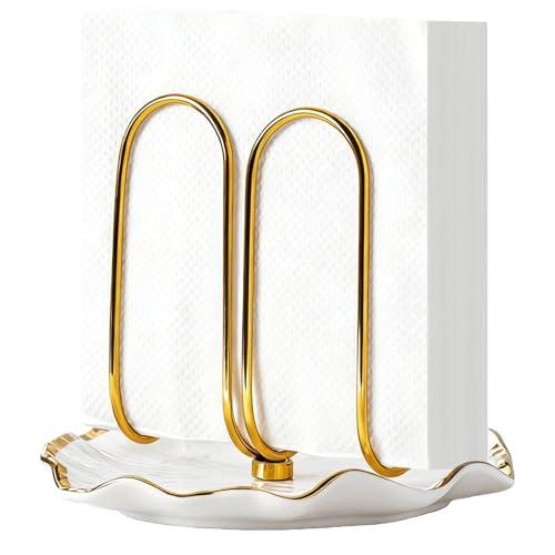Modern Standing Napkin Holder for Table， Ceramic Gold Napkin Holders for Christmas Paper Napkins， Xmas Cocktail Tissue Dispenser,Servilleteros para Mesas for kitchen, dining, counter tops, outdoors