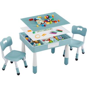 4 in 1 Kids Table and 2 Chairs Set, Toddler Table and Chair Set for Kids Ages 3-10, Activity Tables for Building Blocks/Drawing/Reading/DiningGift for Boy & Girl (Grayish Blue)