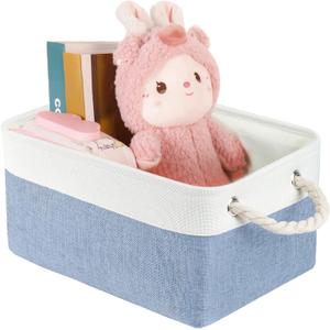 Storage Bins with Sturdy Cotton Handles(1 Pack), Fabric Storage Baskets for Organizing use for Office & Home, Book, Clothes, Toys, Closet Boxes (Small, Blue-White, 12.2x8.3x6.3 inches)
