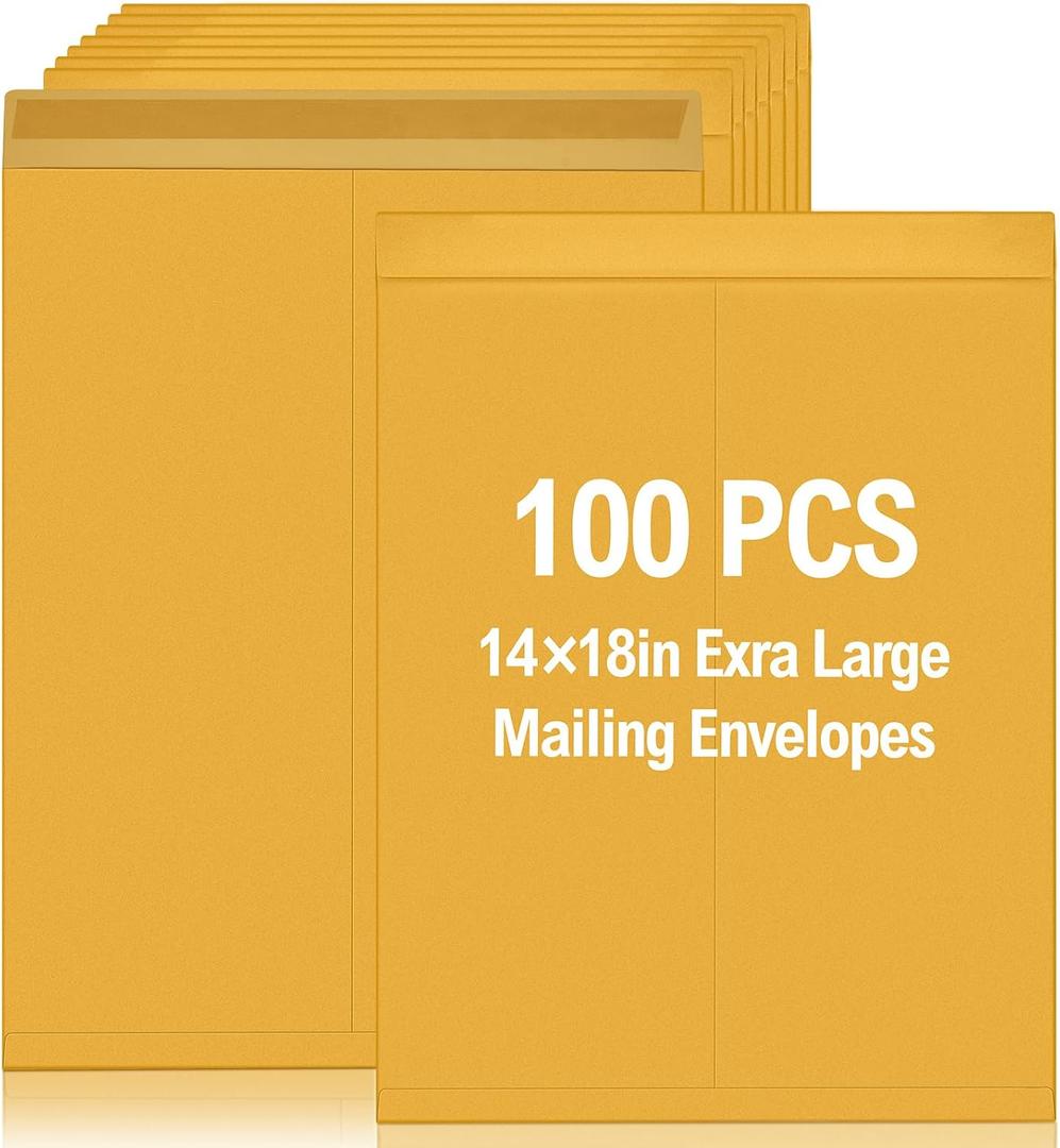 100 Pcs 14" x 18" Extra Large Mailing Envelopes 32lb with Gummed Flaps, Catalog Jumbo Craft Envelopes for Mailing, Storage and Organizing Documents Office Supplies (Yellow)