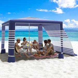 MoKo Beach Cabana, 8'x8' Large Beach Canopy with Side Wall, UPF 50+ Protection Easy Setup Beach Tent Sun Shelter, Adjustable Height Wind Resistant Cabana Beach Tent for Whole Family, Navy Stripes