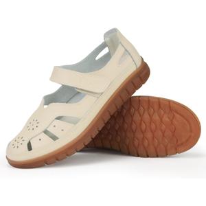 Women 's Classic Genuine Leather Casual Flat Sandal Closed Toe Fisherman Sandals Comfy Work Sandal Everyday Walking Shoe (5.5, Beige)