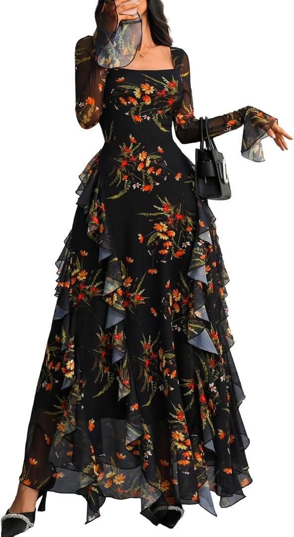 GothDark Women's Floral Dress Mesh Sheer Long Sleeve Square Neck Ruffle Layered Elegant Date Night Holiday Party Outfit, Small, Orange Print