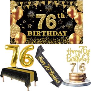 76th Birthday Decorations Men Women with 76th Birthday Banner, Black and Gold Table Cloth, Number Balloons, Sash, Cake Topper and Candles