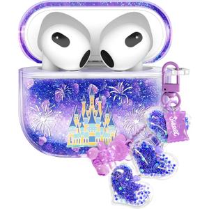 for Airpods 3rd Generation Case - Quicksand Liquid Cute Kawaii Mujer Girl Women Aesthetic Cover Sparkling Sparkle Glitter Bling Purple Castle Keychain Girly for Airpods 3 Case