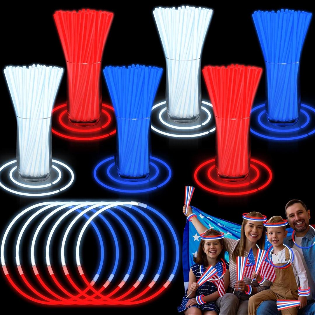 300 Pack 4th of July Glow Sticks Party Favors with Connectors,Patriotic Red White Blue Glow Stick Bracelets Nacklaces Glow in the Dark Party Accessories Memorial Day Decorations,250th Anniversary USA