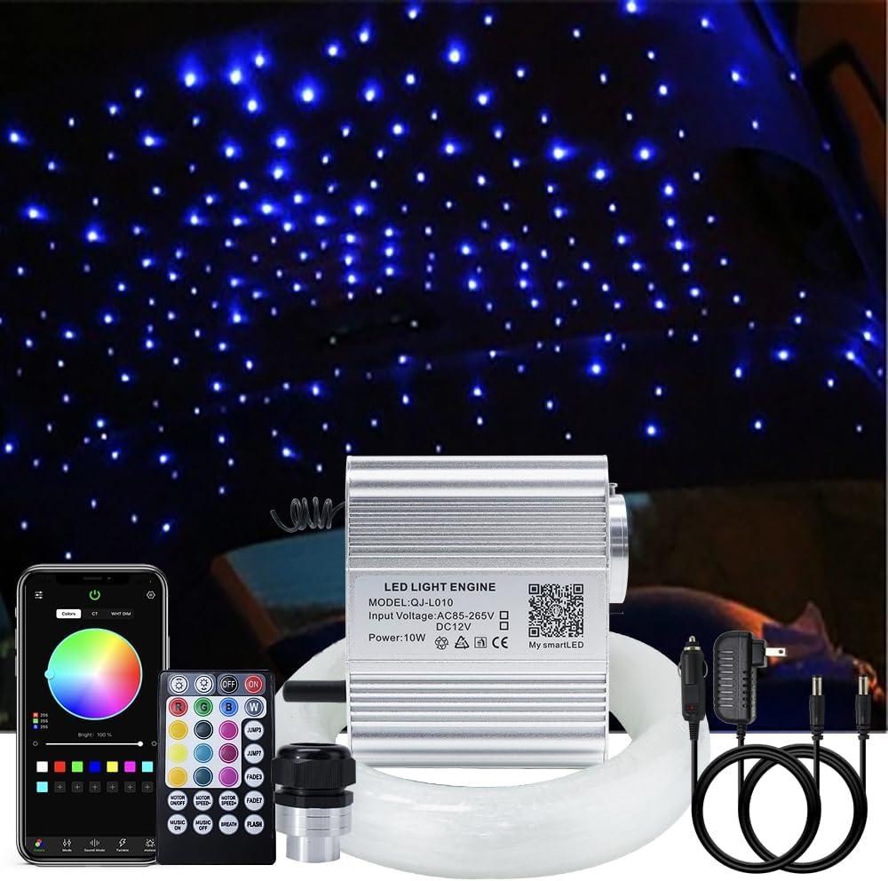 AKEPO 10W Car Home Use APP+Twinkle+Music Fiber Optic Lights kit for Star Ceiling Sky Light, RGBW Light Engine + Optical Fiber Cable 150pcs 0.03in/0.75mm 6.5ft/2m + 28key RF Remote Control