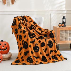 SOCHOW Halloween Jacquard Throw Blanket, Fuzzy Soft Cozy Warm Pumpkin Ghost Fall Decor Holiday Blanket for Couch, Sofa and Bed, 50 x 60 Inches, Orange/Black