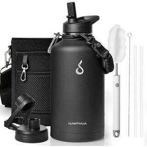 64 oz Insulated Water Bottle with Straw Lid and Spout Cap, Half Gallon Stainless Steel Water Flask with Carrying Pouch, Keep Cold for 48 Hrs Hot for 24 Hrs Water Thermo Canteen, Black