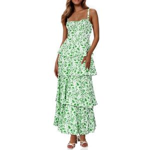 Wenrine Womens Summer Floral Maxi Dress Sleeveless Spaghetti Strap Tie Back Tiered Ruffle Dresses Green Size XL