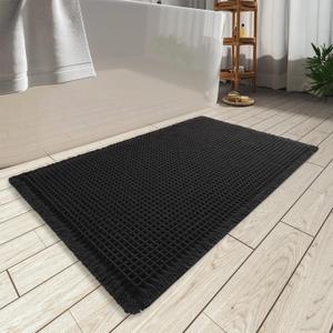 AMOAMI Upgraded Waffle Bath Mat, Super Absorbent Non Slip Bath Mats for Bathroom Floor, Machine Washable Bathroom Rugs with Tassels, Rubber Backed Bathroom Mats, Ultra Soft, 18" x 30", Black