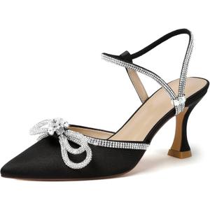 Susanny Women's Closed Toe Rhinstone Wedding Low Heel Slingback Clear Kitten Heels,Adjustable Strap Pointed Toe Bow Pumps High Heeled Prom Dress Shoes (6)