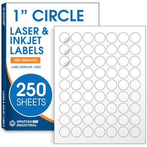 1" Circle Printable Labels Compatible with Inkjet and Laser Printers - 250 Sheets, 15750 Matte White Round Stickers for Pricing, Product Labeling, and Custom Tags - Spartan Industrial Template C002