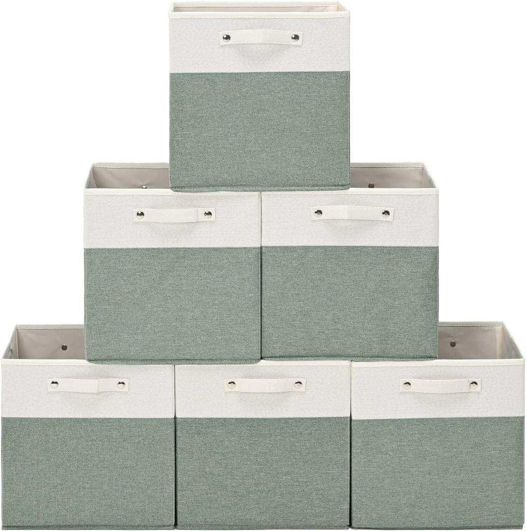 FinishingBo 13 x 13 Inch Fine Linen Storage Bins with HandlesFabric Cube BoxsBasket Organizers for Shelves for Home, Closet Drawers (White/Green-6 Pack)