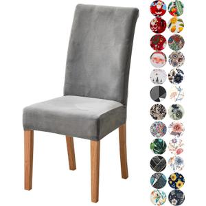 Velvet Chair Covers for Dining Chair Set of 4, Stretchy Soft Parson Chair Covers Removable Washable Kitchen Dining Room Chair Slipcovers with Elastic for Universal Fit (Grey)