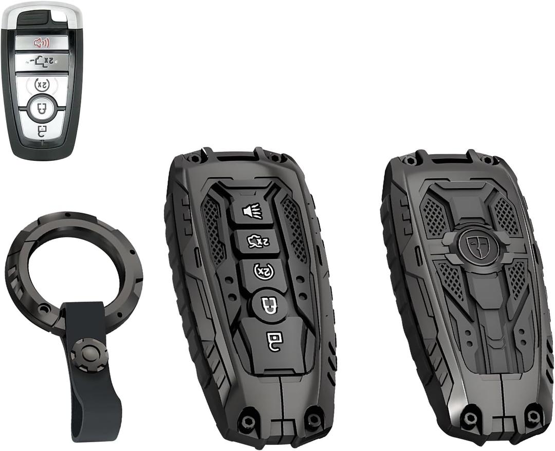 for Ford Heavy Metal Key Fob Cover, Key Protector Case for Ford F150 F250 F350 F450 F550 Explorer Bronco Maverick Expedition Escape Edge Mustang Fusion Accessories, 5 Buttons with Keychain