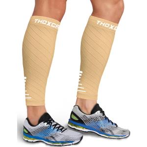 Calf Compression Sleeve for Men Women (2 Pairs), Leg Support Footless Compression Socks for Running - Shin Splint Varicose Veins Swelling & Pain Relief, Beige/White, Large