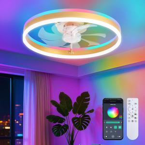 STERREN RGB Ceiling Fan with Light, 20'' Low Profile Ceiling Fans with Remote Control, Smart Gold Flush Mount LED Fan Light, Modern Bladeless Fandelier for Bedroom, Living Room, Kitchen