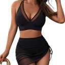 Blooming Jelly Womens Swim Skirt High Waisted Bikini Sets Tummy Control Swimsuits Mesh Sarong Wraps Bathing Suits (Black, L)