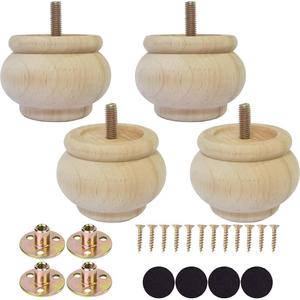 2 Inch Wooden Furniture Legs, Solid Wood Unpainted Replacement Furniture Legs, Ottoman/Loveseat Replacement Legs, Cabinet Legs/Desk/Sofa/Bookcase Round Bun Feet Set of 4 (2 Inch)