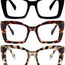 REAVEE 3 Pack Oversized Square Reading Glasses Oprah Style for Women, Blue Light Blocking Large Frame Computer Designer Fashion Readers with Spring Hinge (Black/Tortoise/Grey Tortoise,2.0)