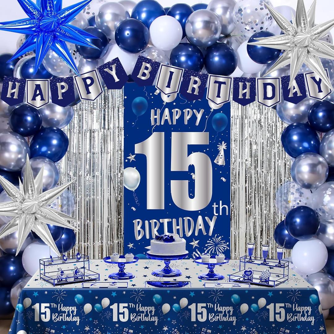15th Birthday Decorations for Boys Girls, Blue Happy 15th Birthday Decorations Boy 15 Birthday Door Banner, 15 Year Old Boy Bday Party Decor with Tablecloth Foil Backdrop Star Balloons for 15th Boys