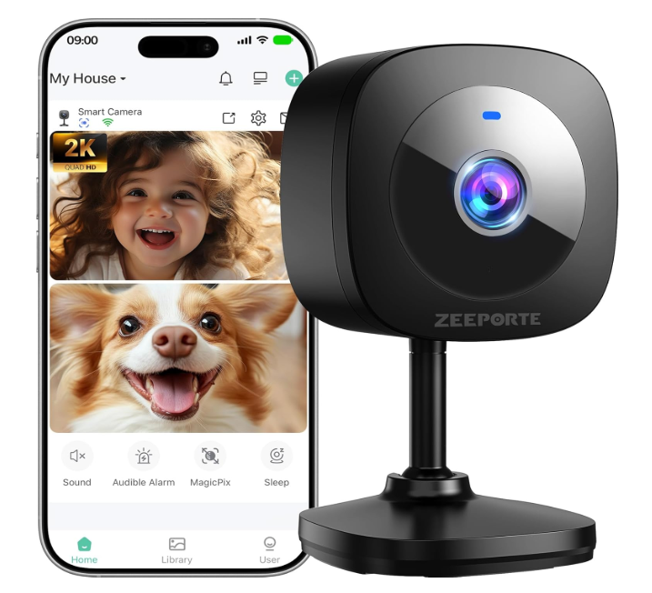 ZEEPORTE 2K Indoor Cameras for Home Security - Baby Monitor and Dog Pet Camera with Motion Detection, 2-Way Audio, Night Vision, Siren, Wired Security Camera - Compatible with Alexa