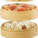 Prime Home Direct Bamboo Steamer Basket 8-Inch | 2-Tier Steamer for Cooking | 50 Liners | Small Instant Steaming Cookware Asian Food, Bao Buns, Chinese, Dim Sum, Dumpling, Rice, Vegetable Steam Pot