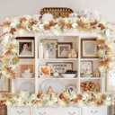 Neutral Fall Garland for Mantle Fireplace - 2 Pack Toatal 18Ft Outdoor Autumn Leaves Decor for Home Front Door with Pumpkins Indoor Maple for Farmhouse Stairs Porch Halloween Thanksgiving Decorations (9Ft)