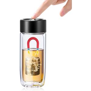 MagnaDrop Tea Tumbler  Double Wall Glass Tea Infuser Cup with Magnetic Steep Control & Bead Switch, Leakproof Travel Mug for Loose Leaf, 10.5oz (Midnight Black)