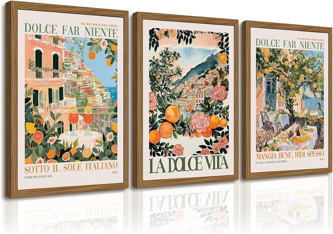 Italy Amalfi Coast Wall Art Decor Vintage Italian City Canvas Painting Tuscan Italy Travel Landscape Poster Mediterranean Pictures Lemon Prints Beach Artwork for Kitchen Bedroom 16x24 Inch Wood Framed