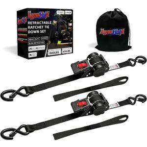 Retractable Ratchet Straps (2-Pack) - Heavy Duty Auto Slow Retraction Tie Down Straps - 1 Inch x 13 Feet (1,800lb Break Strength) for Truck, Cargo Trailer, Motorcycle, ATV, UTV - Black
