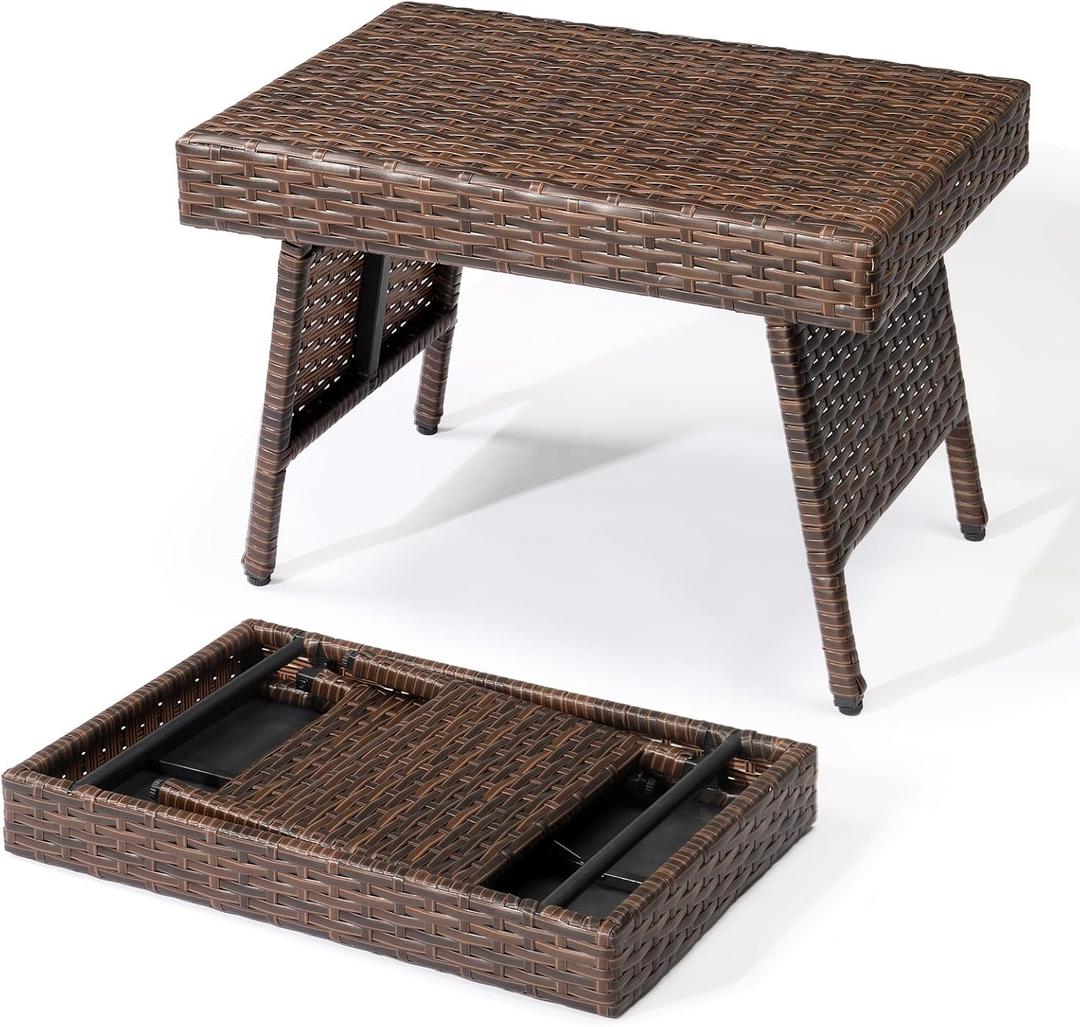 Outvita Portable Folding Wicker Table, Foldable Outdoor Coffee Table with Steel Frame, Easy to Clean Outdoor Deck Furniture with Weather-Resistant Rattan for Patio Poolside Lawn Garden Balcony