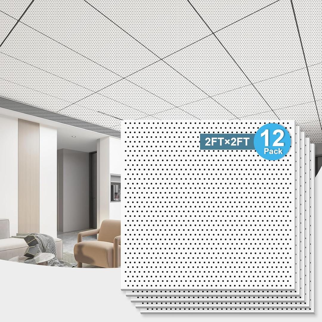 Art3d Acoustic Drop Ceiling Tiles 2x2ft 12-Pack, Soundproof Panels 24x24 for Wall Coverings, White
