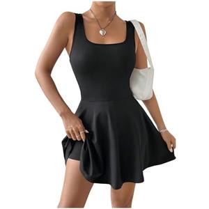 SOLY HUX Women's Tennis Dress with Built in Shorts Square Neck Sleeveless A Line Flared Summer Mini Dresses S