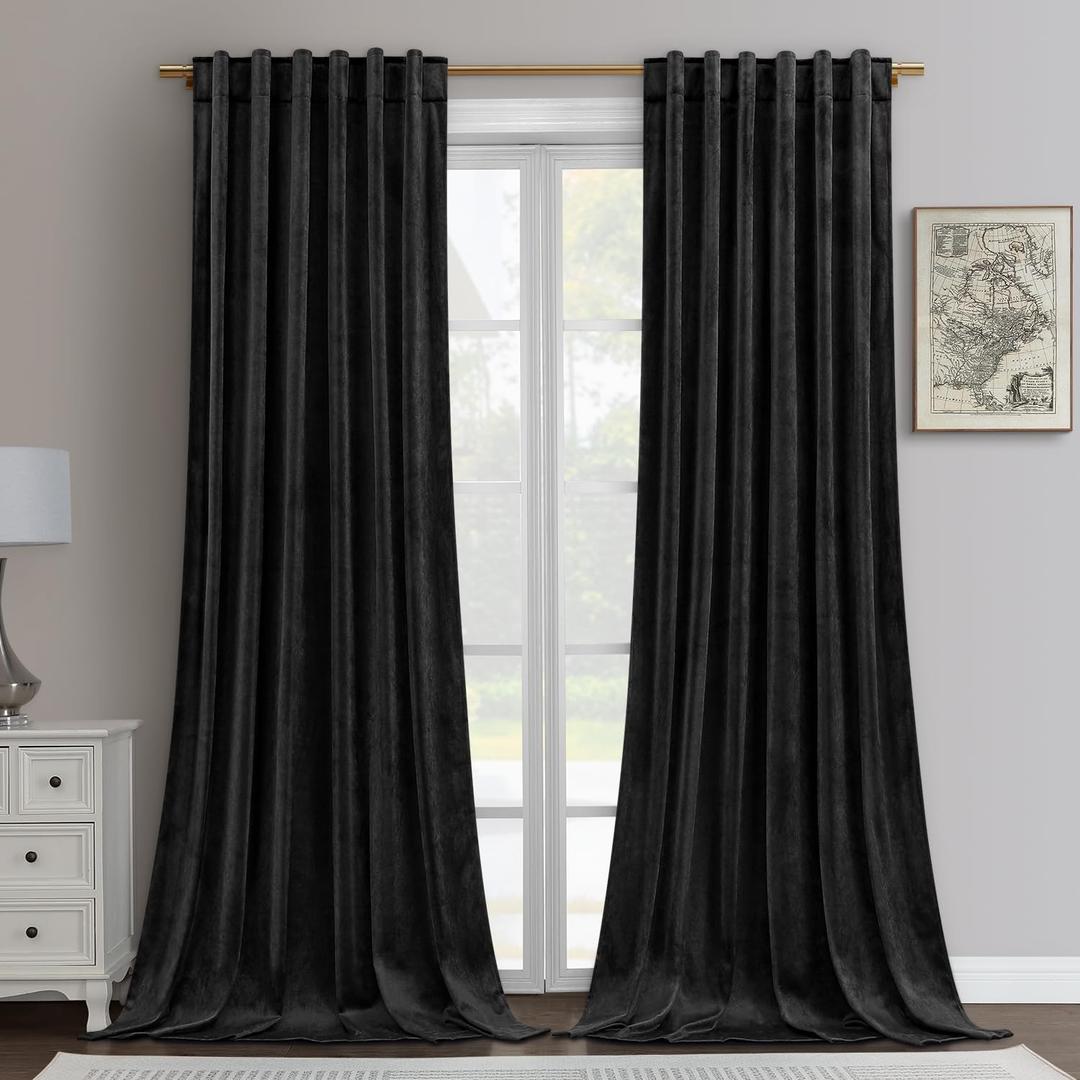HOMEIDEAS Black Velvet Blackout Curtains, 52 X 108 Inches Soft and Thick Room Darkening Thermal Insulated Pocket Back Tab Window Drapes for Bedroom, Indoor, 2 Panels