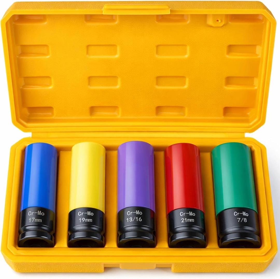MIKKUPPA 1/2" Drive Lug Nut Socket Set - 5 Pieces Metric 17 19 21 mm & SAE 13/16 7/8 IN Non-Marring Thin Wall Wheel Protector Impact Socket Tool Kit